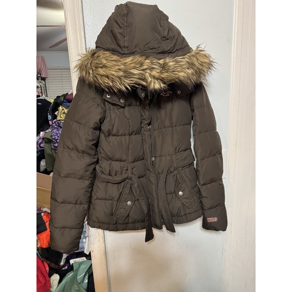 Hollister Jackets & Blazers - Vintage Brown Fur Hooded Hollister Women's Puffer Jacket Size XS Y2K RARE HTF